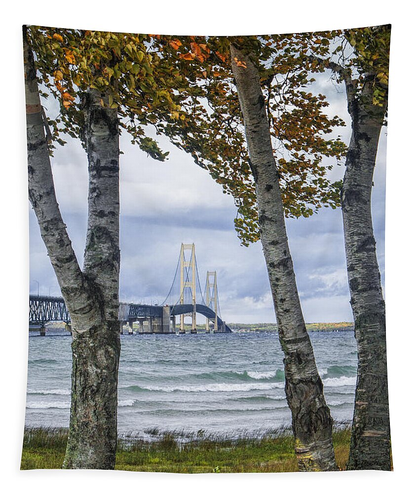 Art Tapestry featuring the photograph Mackinaw Bridge in Autumn by the Straits of Mackinac by Randall Nyhof