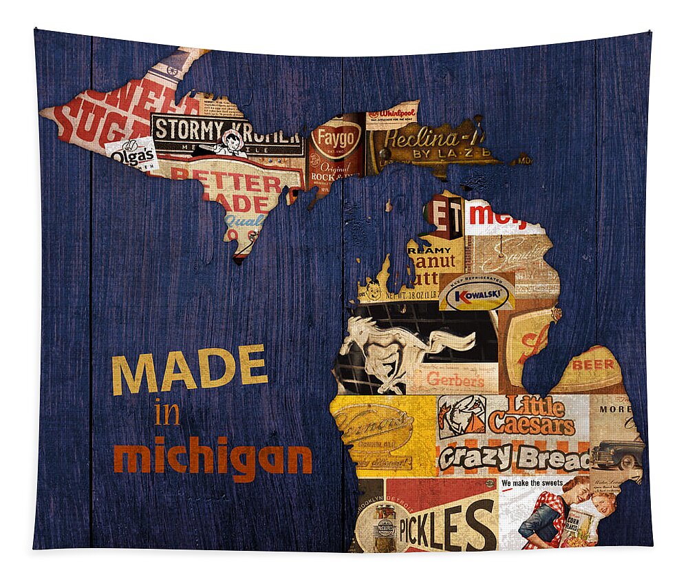 Made In Michigan Products Vintage Map On Wood Kelloggs Better Made Faygo Ford Chevy Gm Little Caesars Strohs Pioneer Sugar Lazy Boy Detroit Lansing Grand Rapids Flint Mustang Meijer Olgas Vernors Gerber Kowalski Sausage Corn Flakes Tapestry featuring the mixed media Made in Michigan Products Vintage Map on Wood by Design Turnpike