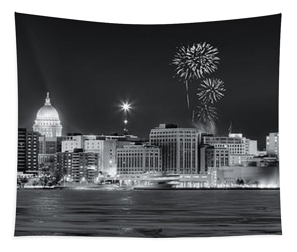 Capitol Tapestry featuring the photograph Madison - Wisconsin - New Years Eve Panorama Black and White by Steven Ralser