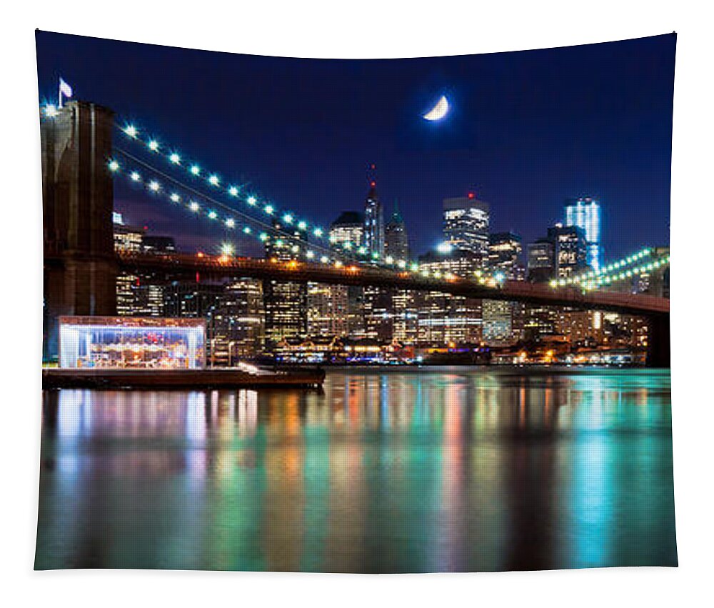 Amazing Brooklyn Bridge Tapestry featuring the photograph Magical New York Skyline Panorama by Mitchell R Grosky