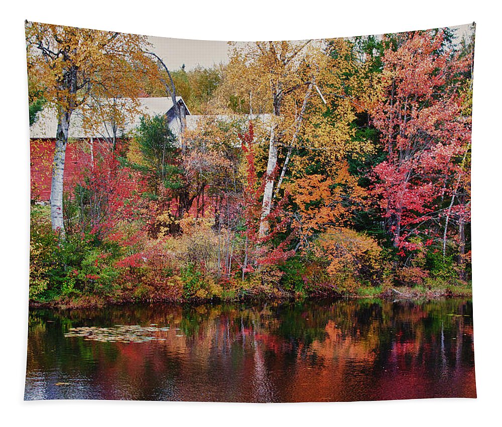 Autumn Foliage New England Tapestry featuring the photograph Maine barn through the trees by Jeff Folger
