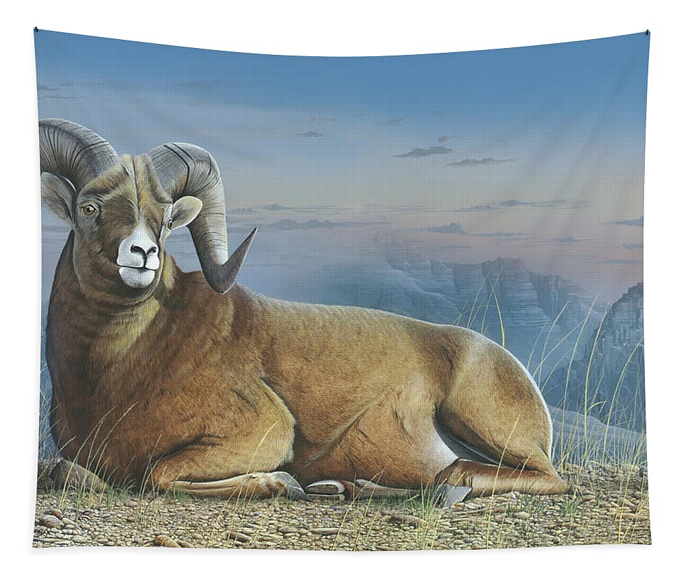 Bighorn Sheep Tapestry featuring the painting Majestic by Mike Brown