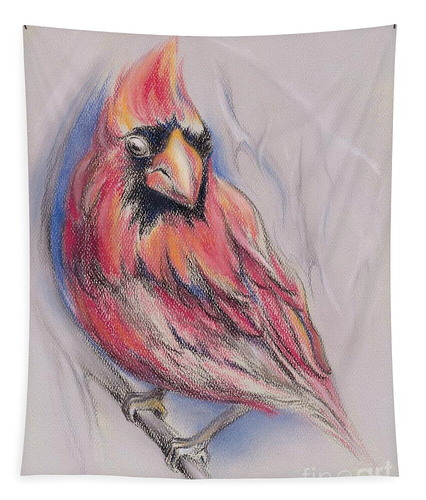 Bird Tapestry featuring the pastel Male Cardinal in Winter by MM Anderson