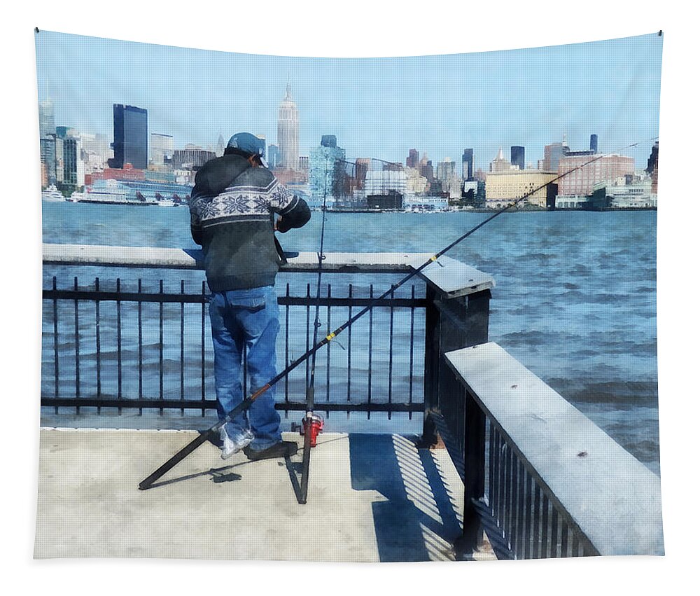 Hoboken Tapestry featuring the photograph Man Fishing Off Hoboken Pier by Susan Savad