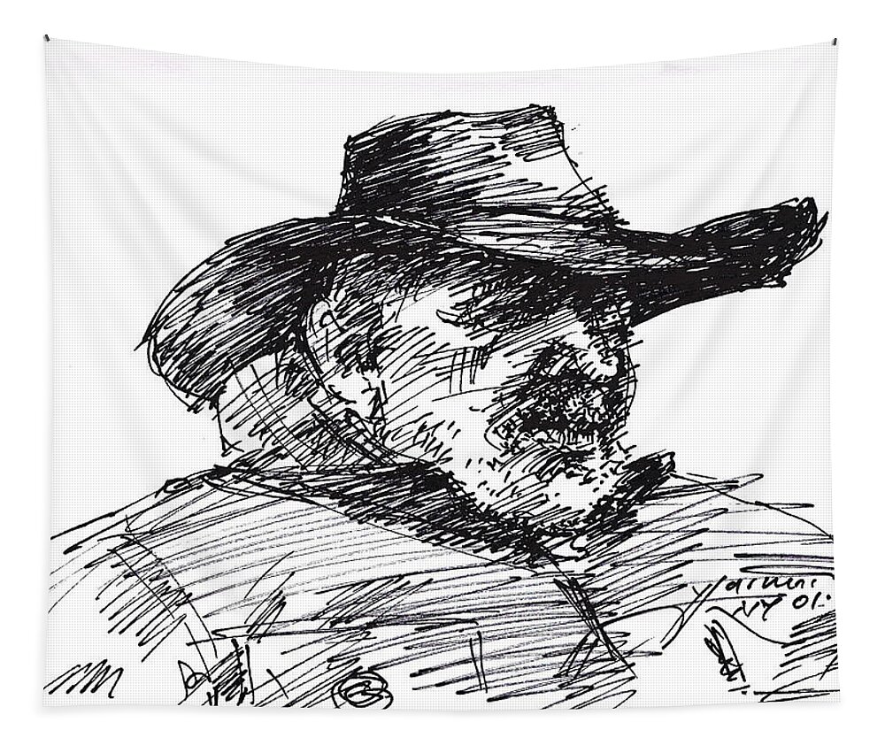 Sketch Tapestry featuring the drawing Man in a Cowboy Hat by Ylli Haruni