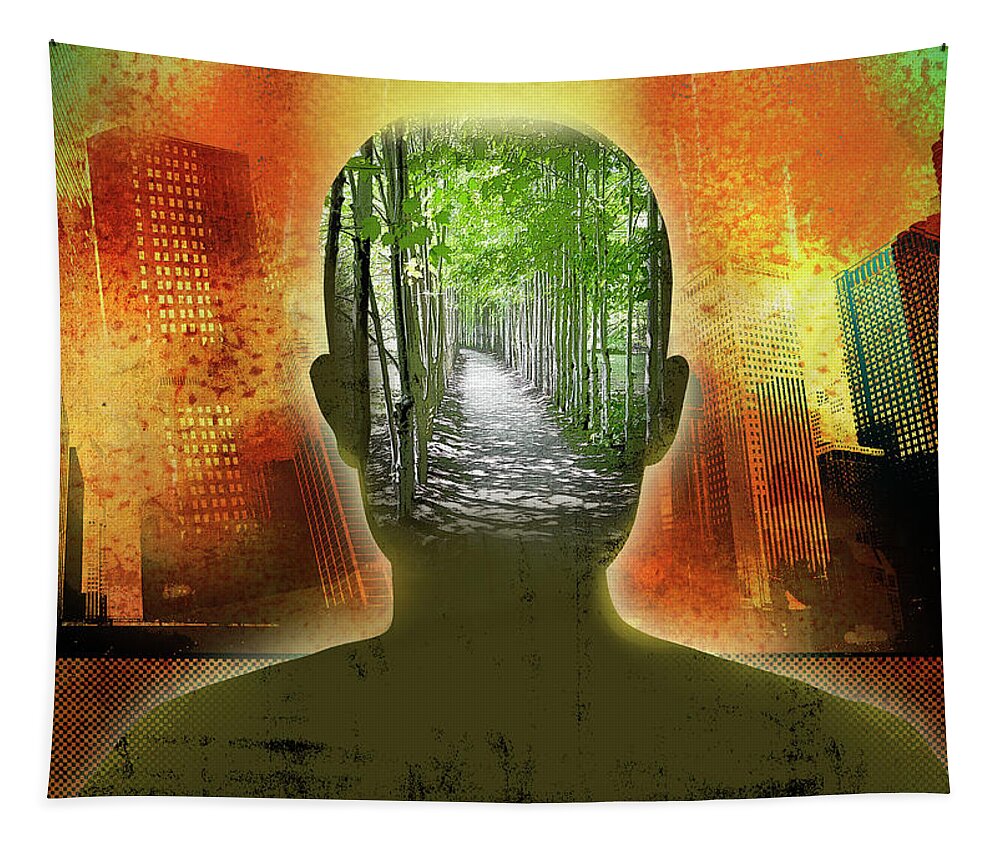 Adult Tapestry featuring the photograph Man Looking At Cityscape And Dreaming by Ikon Ikon Images