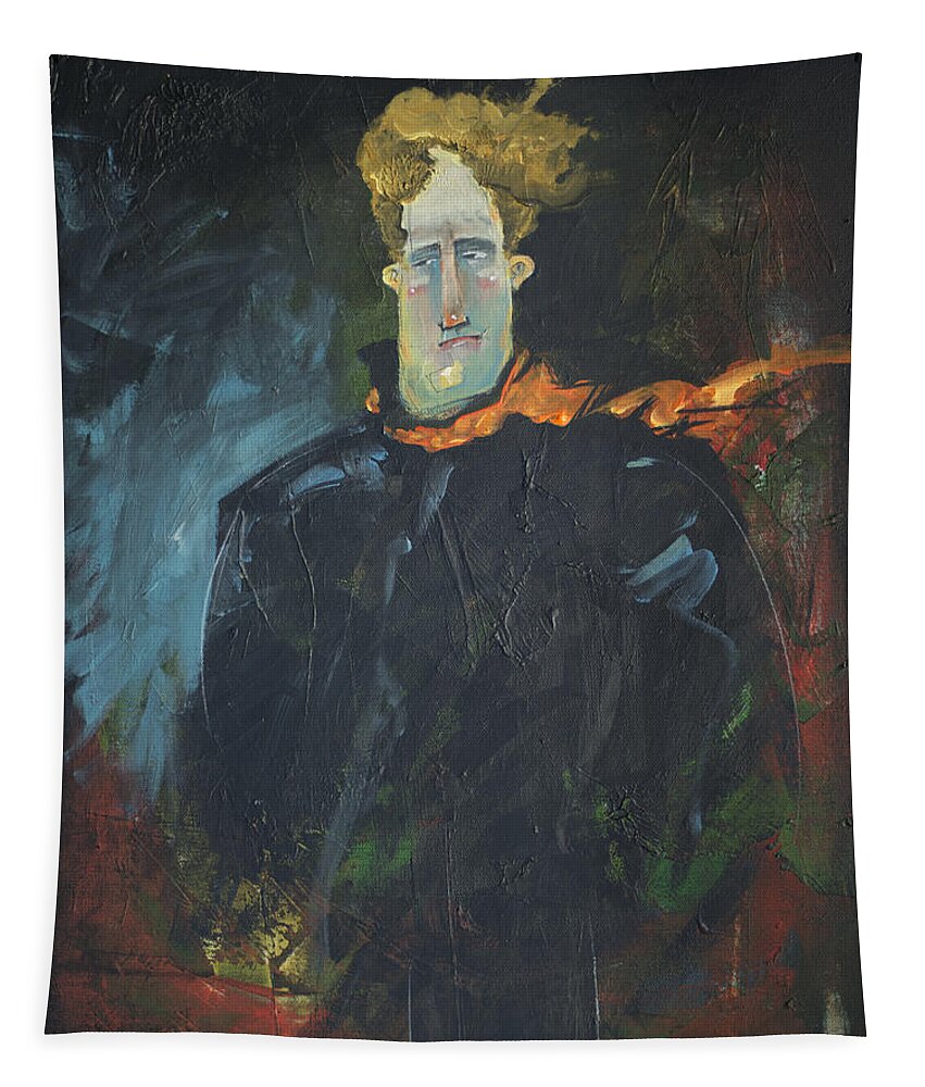 Man Tapestry featuring the painting Man With Orange Scarf Braves The Night by Tim Nyberg