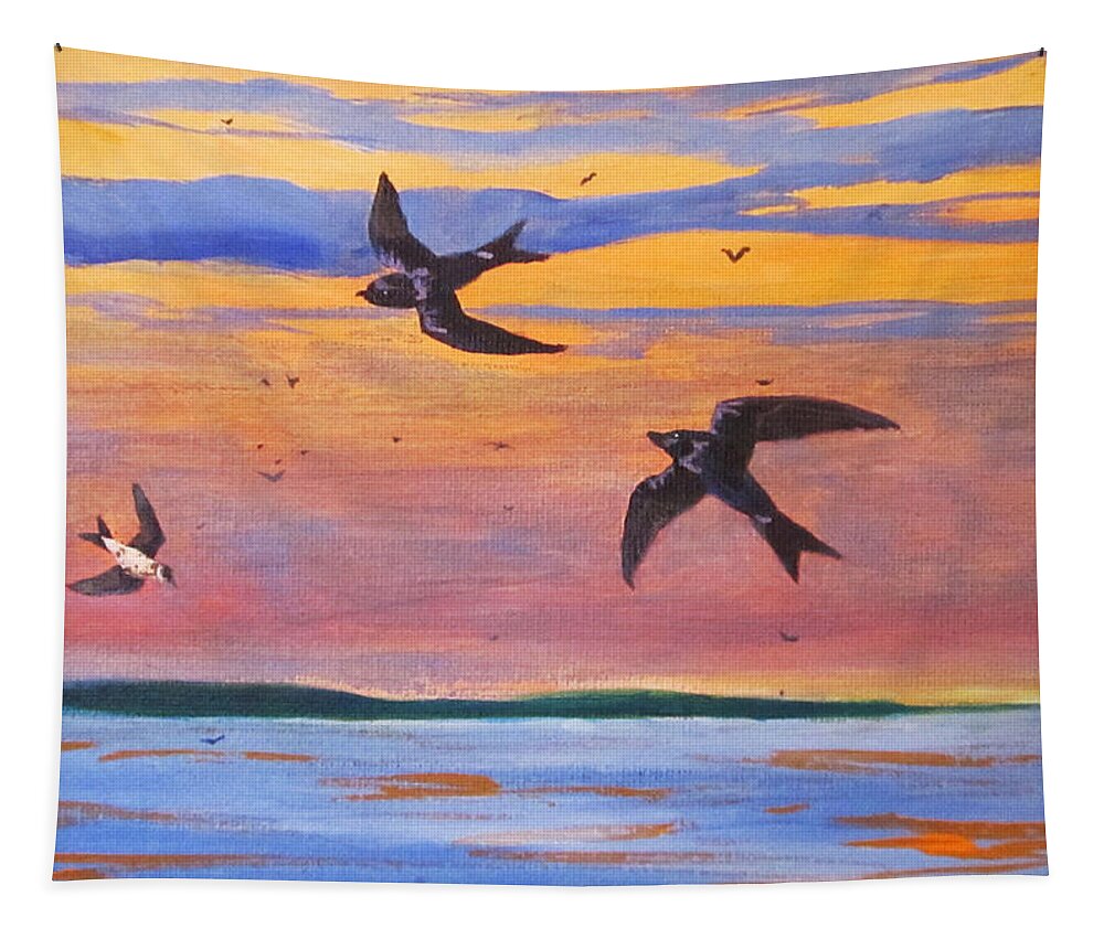 Birds Tapestry featuring the painting Mann's Martins by Anne Marie Brown