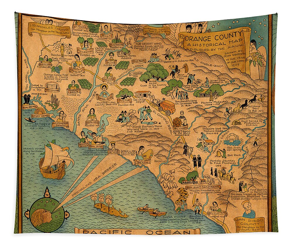 Map Of Orange County Tapestry featuring the photograph Map of Orange County 1929 by Andrew Fare