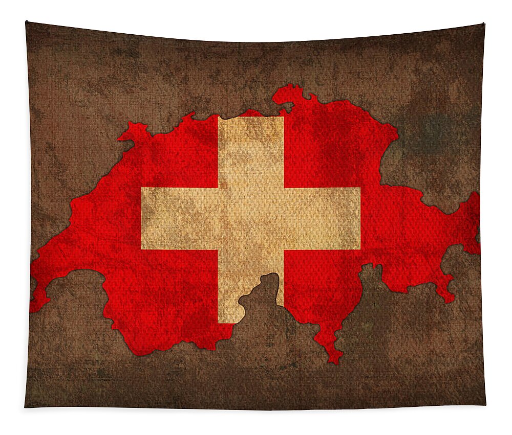 Map Of Switzerland With Flag Art On Distressed Worn Canvas Tapestry featuring the mixed media Map of Switzerland With Flag Art on Distressed Worn Canvas by Design Turnpike