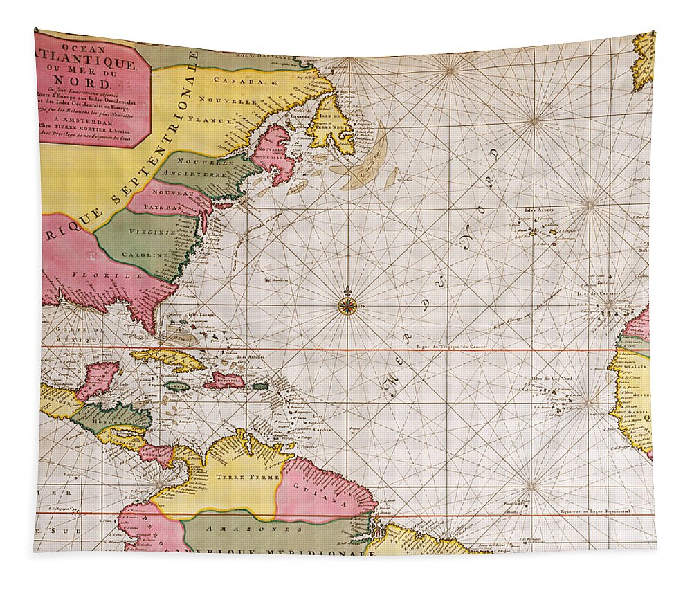 Mapping; Chart; Atlantic Ocean; West Coast; Florida; Carolina; Virginia Tapestry featuring the drawing Map of the Atlantic ocean showing the east coast of North America the Caribbean and Central America by French School