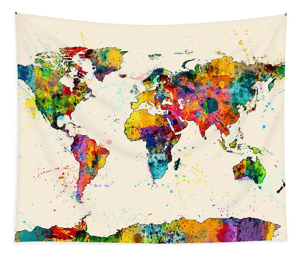 World Map Tapestry featuring the digital art Map of the World Map Watercolor by Michael Tompsett