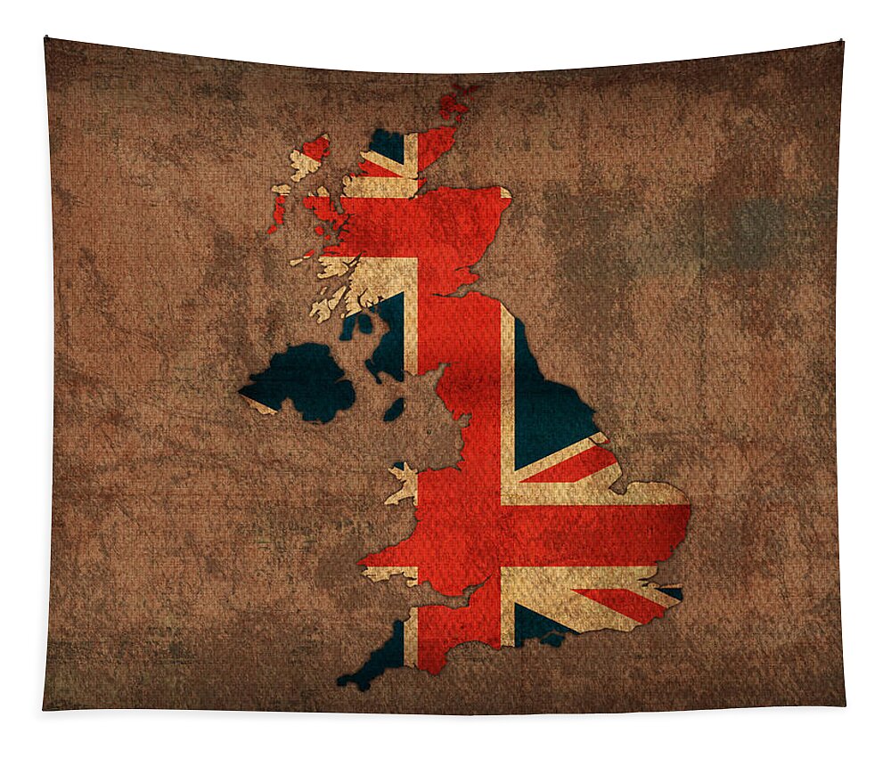 Map Of United Kingdom With Flag Art On Distressed Worn Canvas Tapestry featuring the mixed media Map of United Kingdom With Flag Art on Distressed Worn Canvas by Design Turnpike