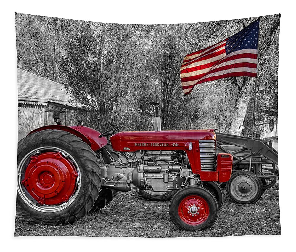 Tractor Tapestry featuring the photograph Massey - Feaguson 65 Tractor with USA Flag BWSC by James BO Insogna