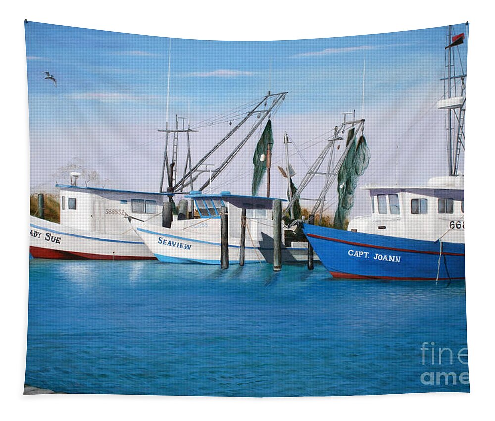 Matagorda Texas Tapestry featuring the painting Matagorda Boats by Jimmie Bartlett