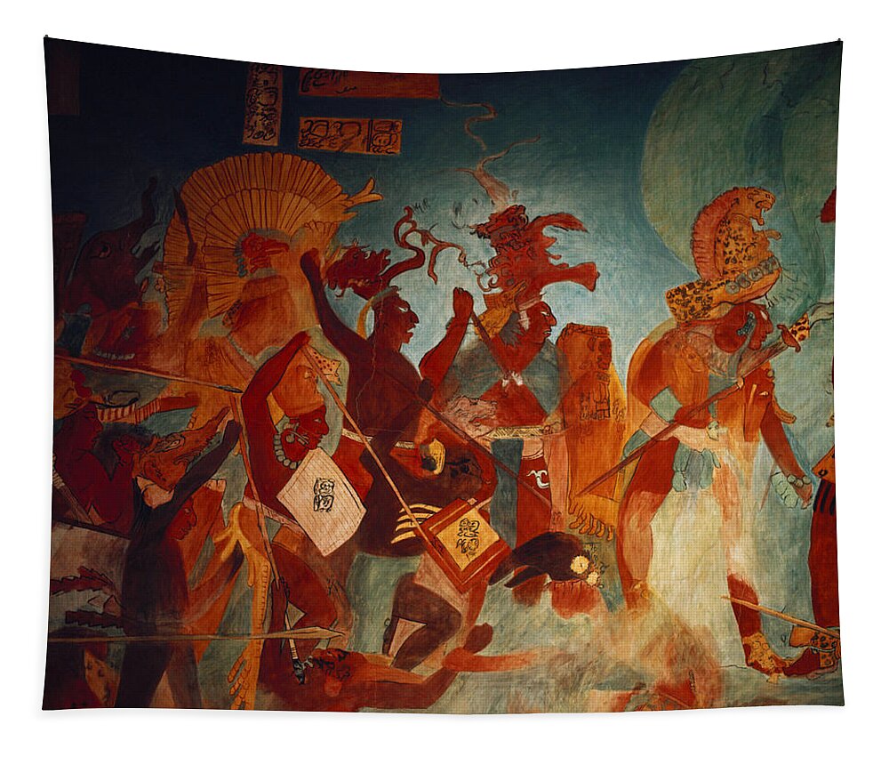 Ancient Tapestry featuring the painting Maya Fresco At Bonampak by George Holton
