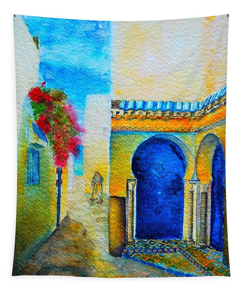 Tunisia Tapestry featuring the painting Mediterranean Medina by Ana Maria Edulescu
