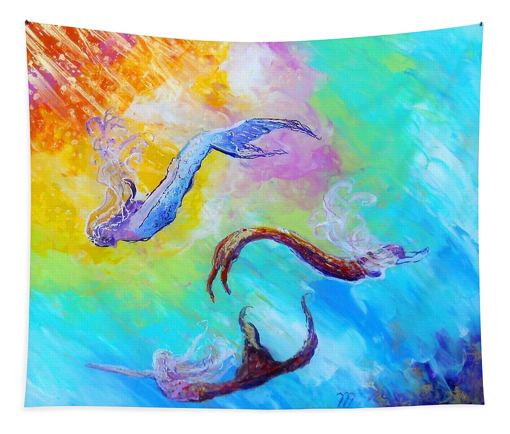 Mermaid Tapestry featuring the painting Mermaids by Marionette Taboniar