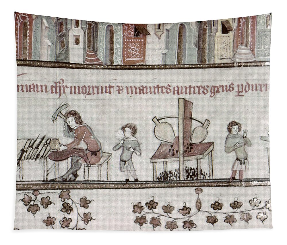 1340 Tapestry featuring the painting Metalworkers, 14th Century by Granger