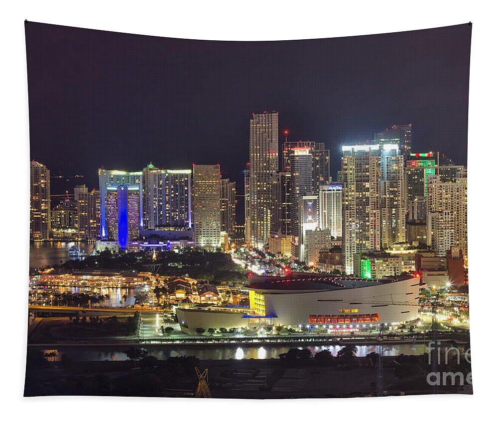 Architecture Tapestry featuring the photograph Miami Downtown Skyline American Airlines Arena by Rene Triay FineArt Photos