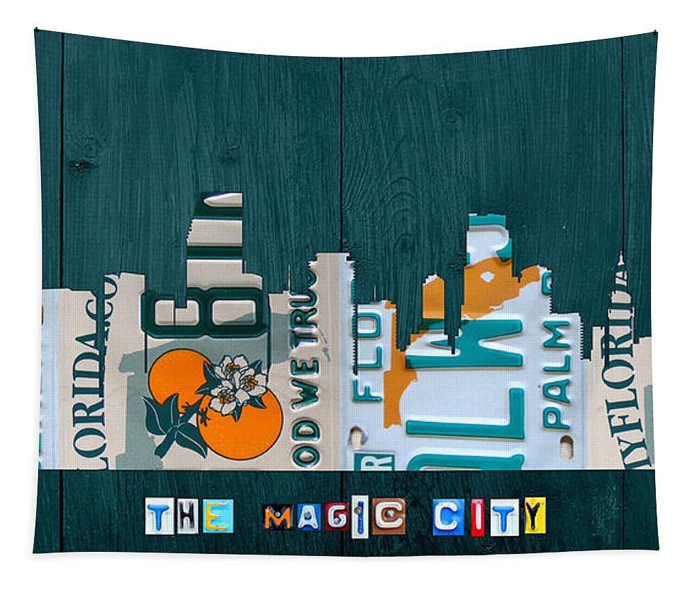 Miami Tapestry featuring the mixed media Miami Florida City Skyline Vintage License Plate Art on Wood by Design Turnpike