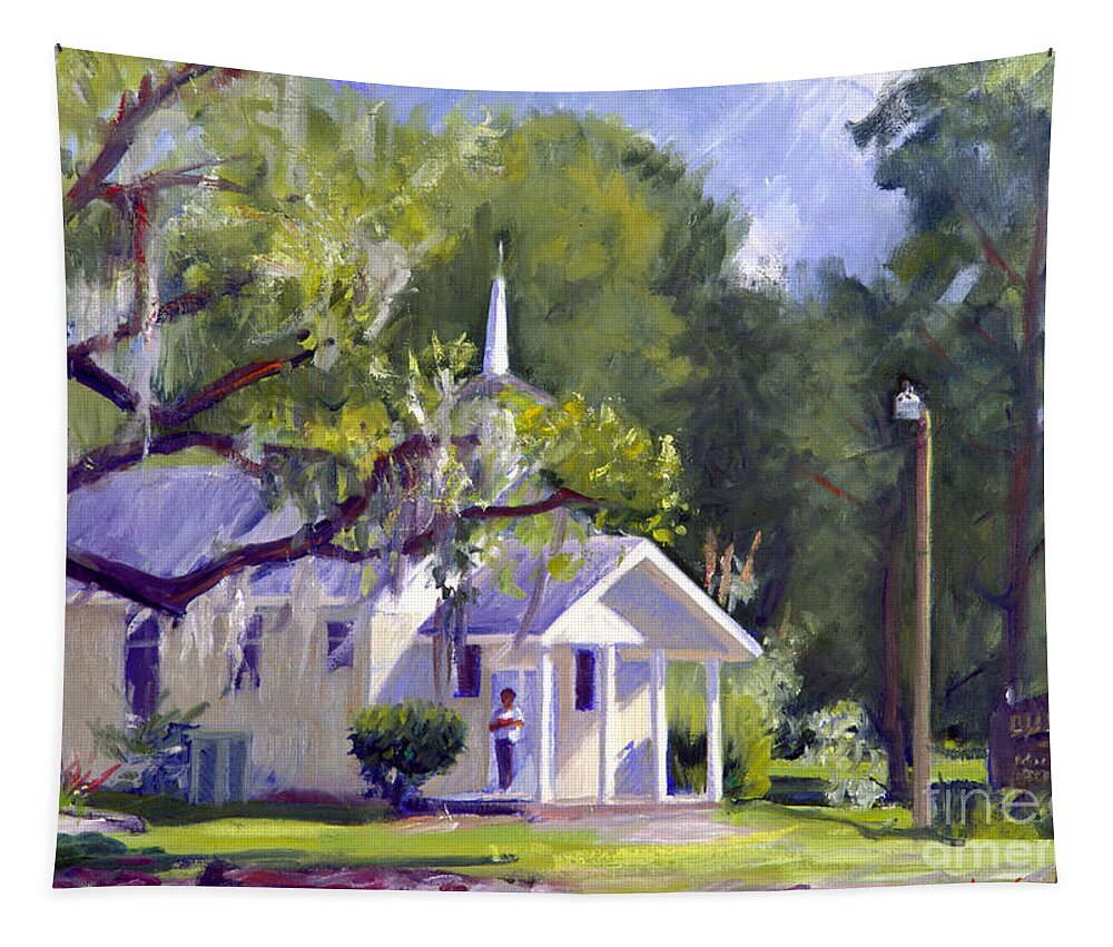  Blue Sky Tapestry featuring the painting Michelville Church by Candace Lovely