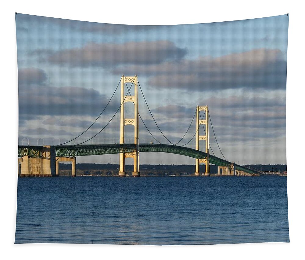 Mackinac Bridge Tapestry featuring the photograph Mighty Mac in December by Keith Stokes