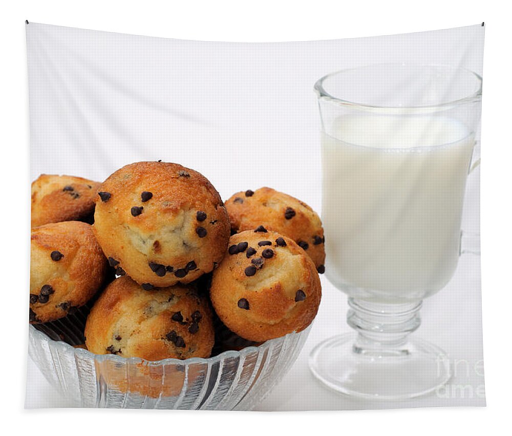 Andee Design Muffins Tapestry featuring the photograph Mini Chocolate Chip Muffins And Milk - Bakery - Snack - Dairy - 1 by Andee Design