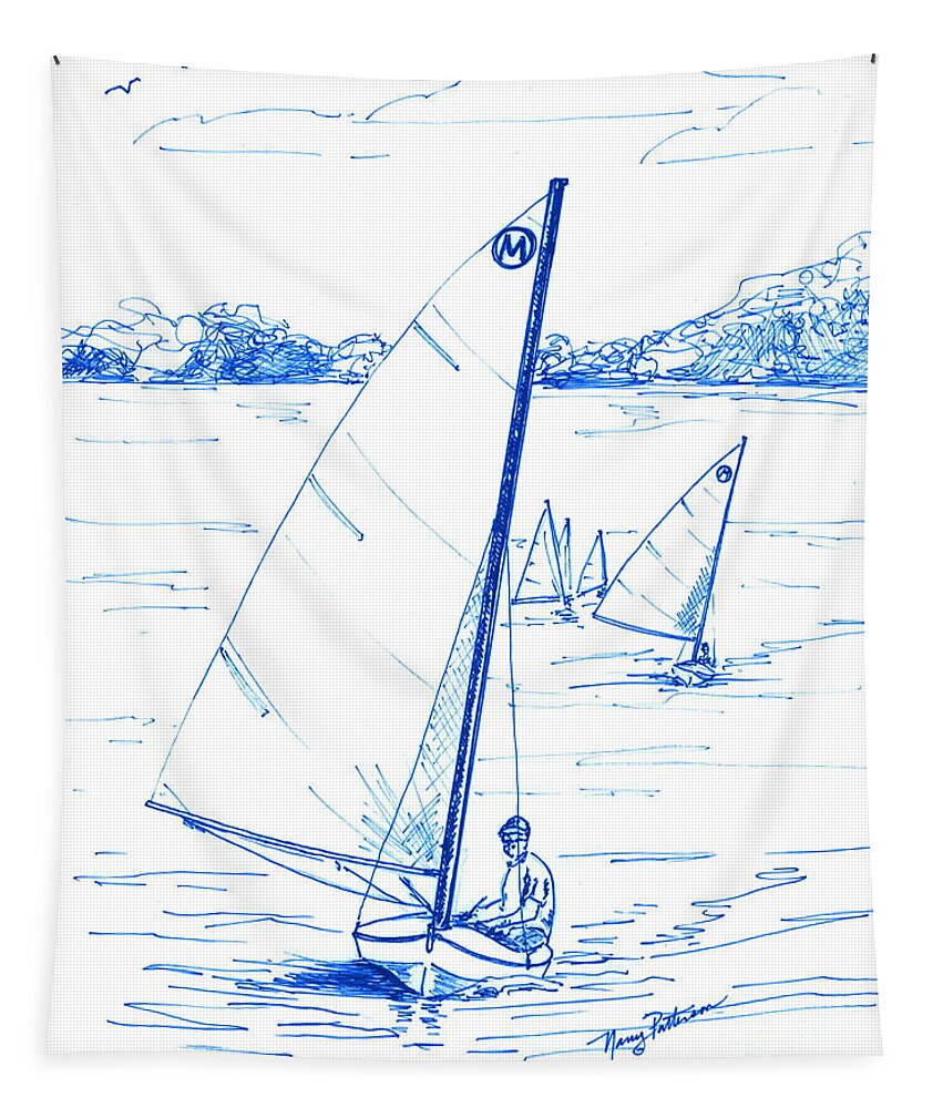 Mint Design Classic Moth Class Sailboat Tapestry featuring the drawing Mint Classic Moth in Blue by Nancy Patterson