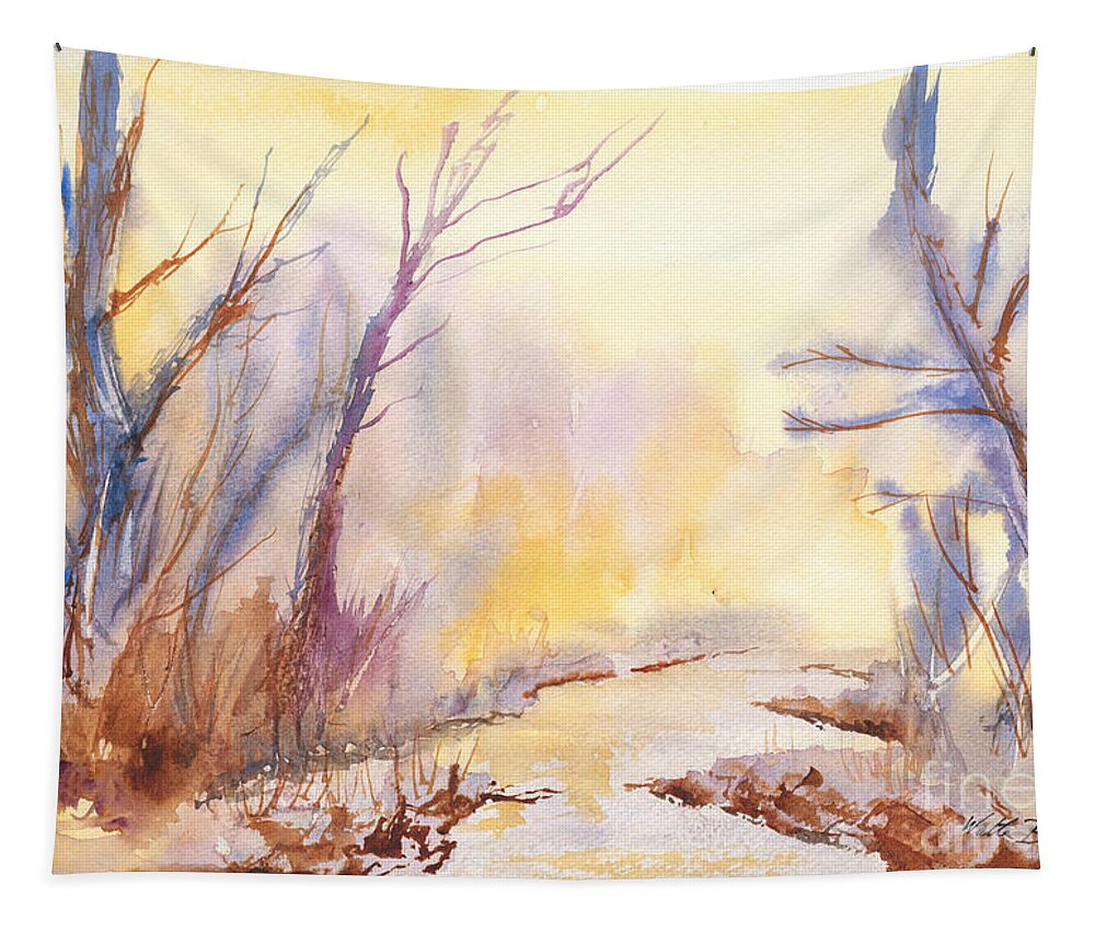 Watercolor Painting Tapestry featuring the painting Misty Creek by Walt Brodis