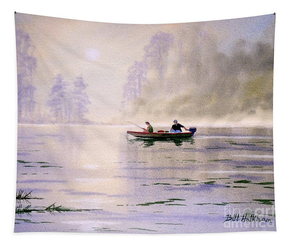 Banks Lake Tapestry featuring the painting Misty Sunrise On The Lake by Bill Holkham