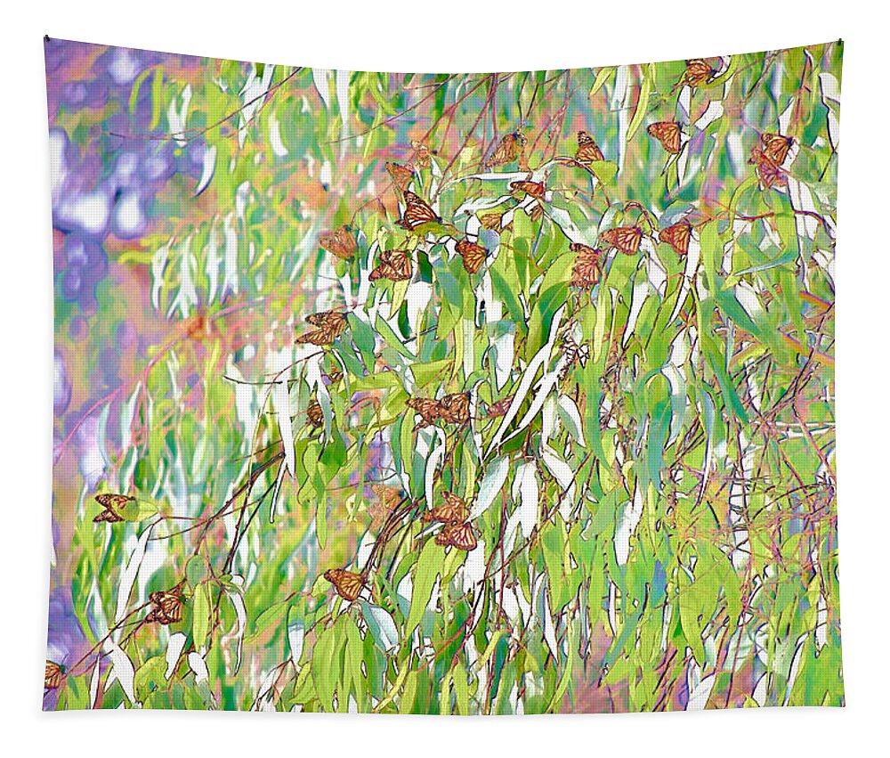 Orange Tapestry featuring the digital art Monarch Butterflies On Eucalyptus Branches by Priya Ghose