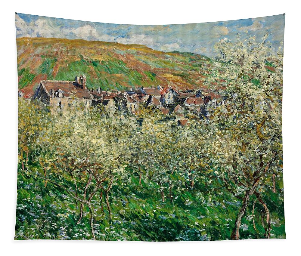 Monet Tapestry featuring the painting Monet Flowering Plum Trees 1879 by Movie Poster Prints