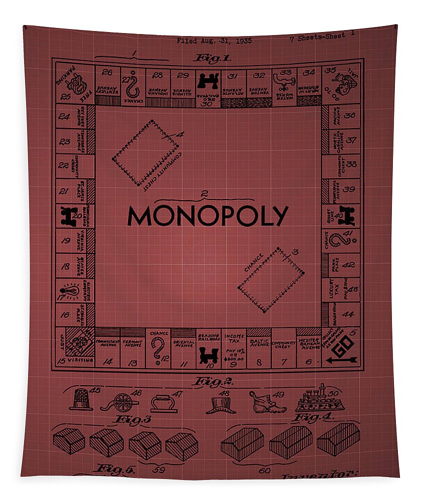 Monopoly Tapestry featuring the photograph Monopoly Patent 1935 - Burgundy by Chris Smith