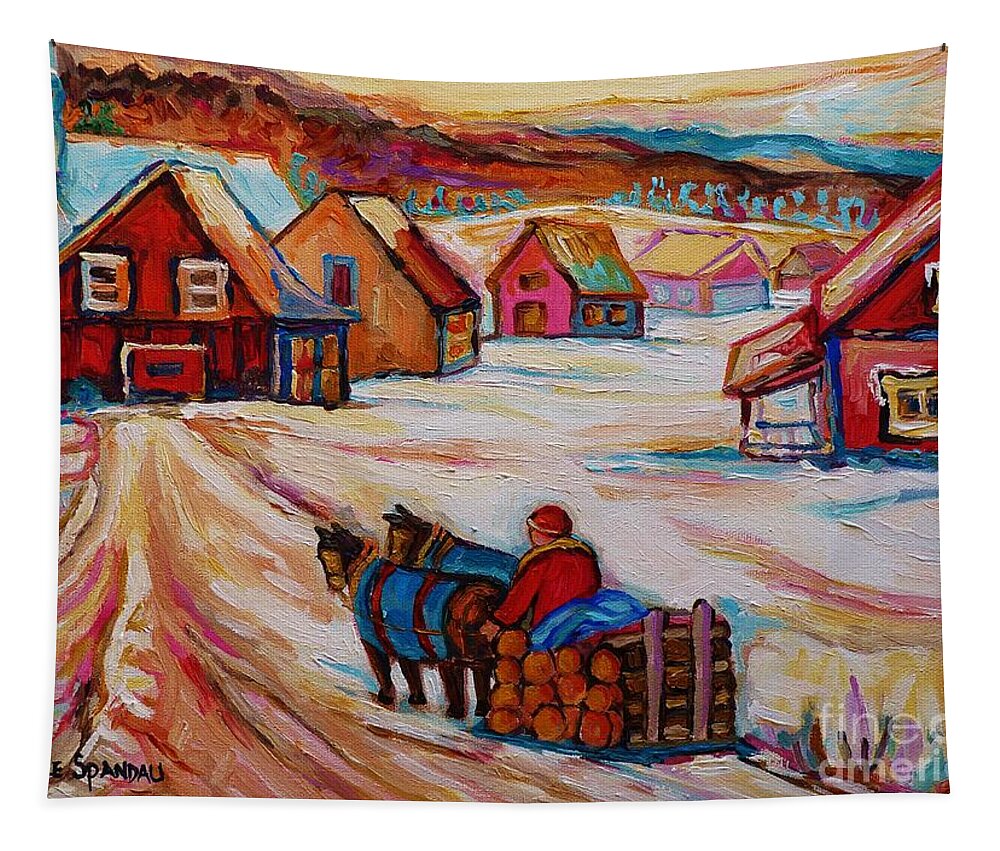 Mont St Hilaire Tapestry featuring the painting Mont St.hilaire Winter Scene Logger Heading Home To Quebec Village Winter Landscape Carole Spandau by Carole Spandau