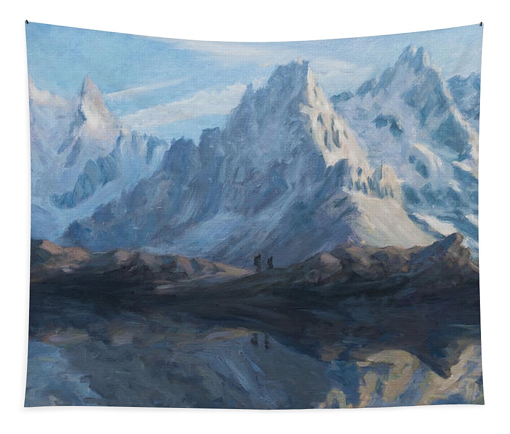 Mountain Tapestry featuring the painting Montain mirror by Marco Busoni