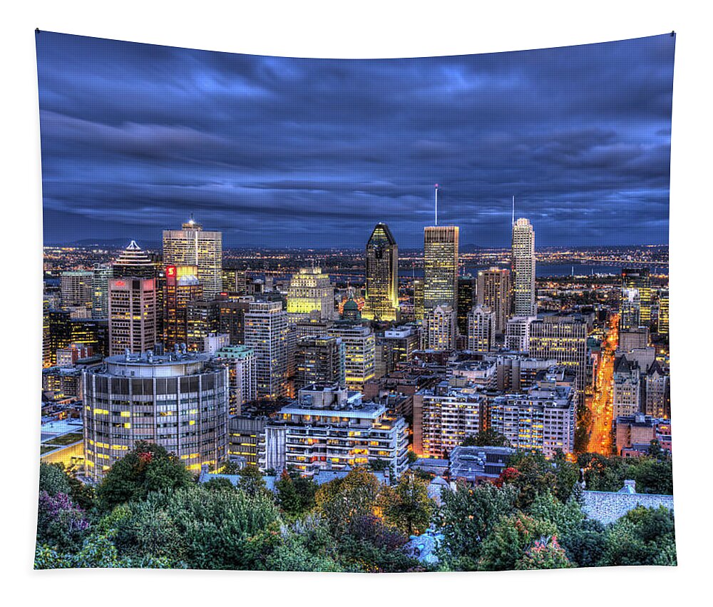 Montreal Tapestry featuring the photograph Montreal Skyline at Dusk by Shawn Everhart