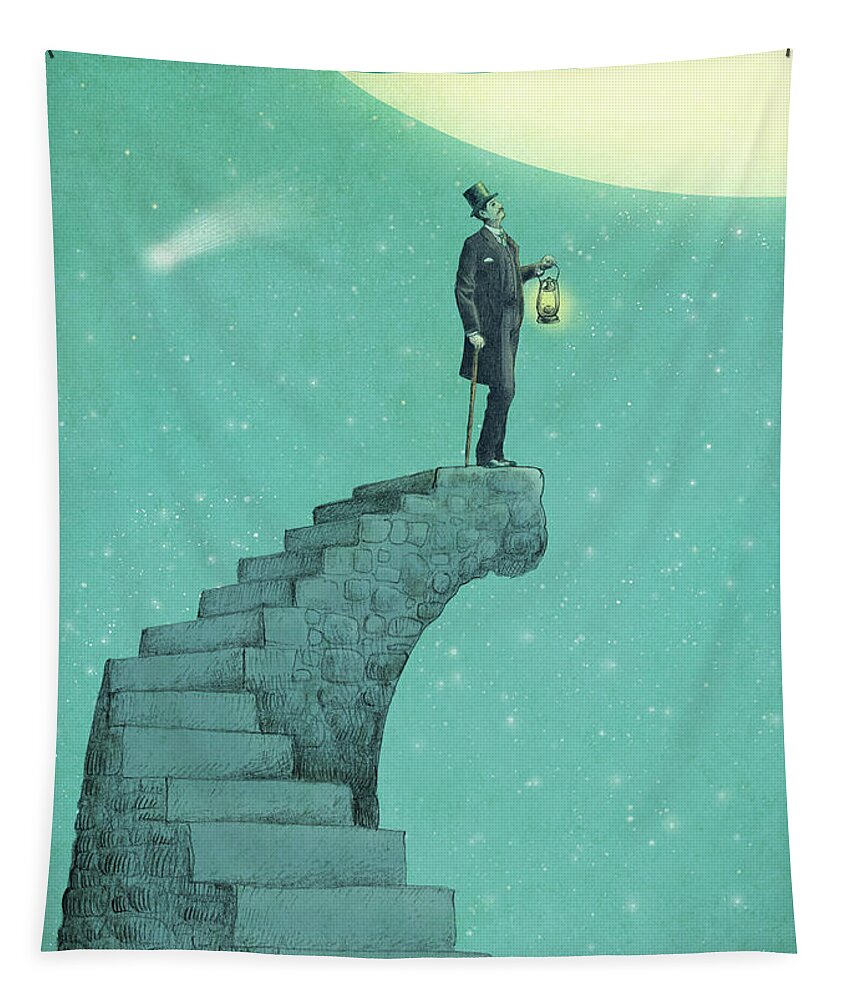 Moon Vintage Victorian Blue Green Stars Comet Top Hat Steps Staircase Astronomy Surreal Whimsical Dream Tapestry featuring the drawing Moon Steps by Eric Fan
