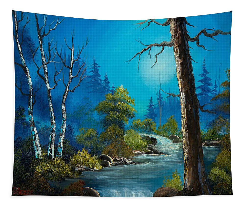 Landscape Tapestry featuring the painting Moonlight Stream by Chris Steele