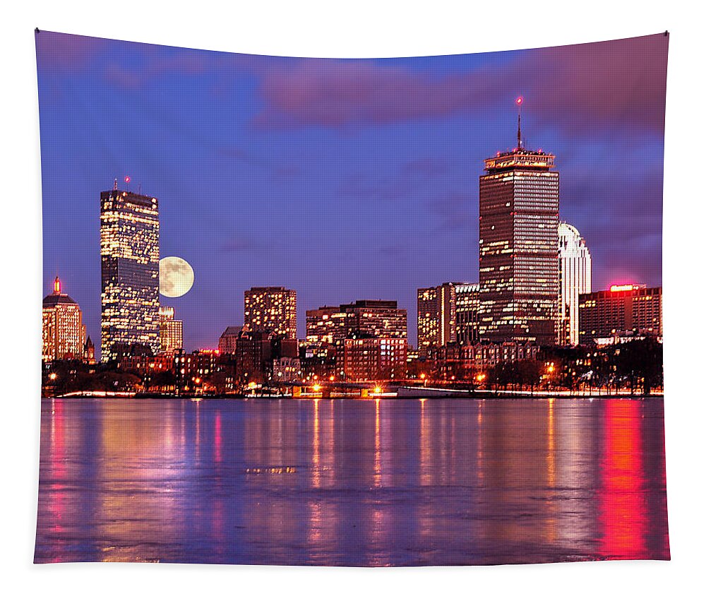 Boston Strong Tapestry featuring the photograph Moonlit Boston on the Charles by Mitchell R Grosky
