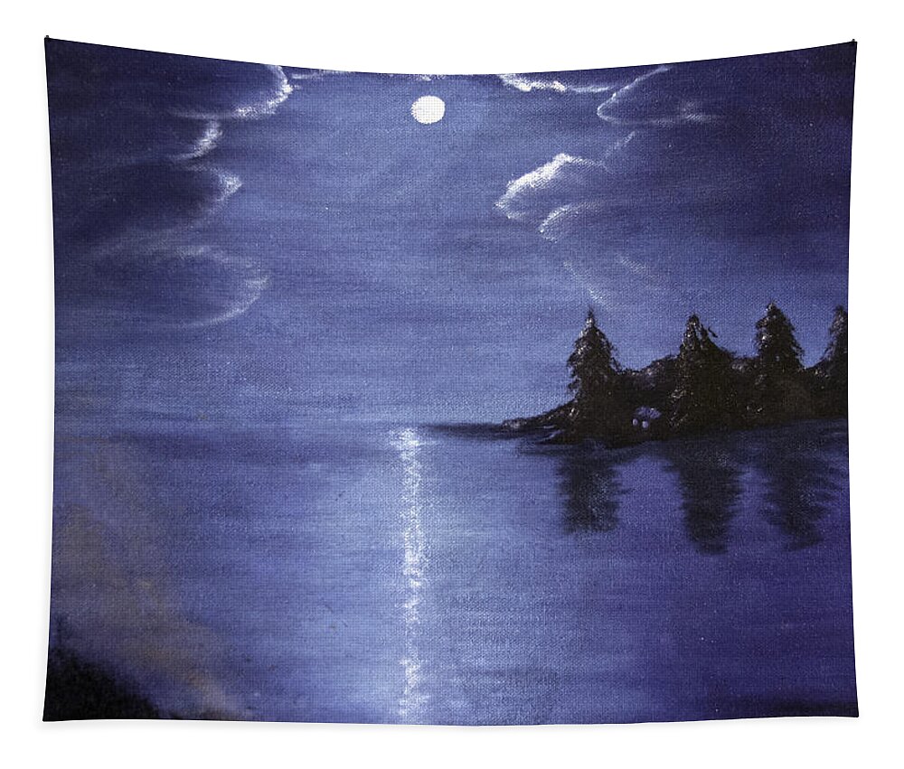 Silhouette Tapestry featuring the painting Moonlit Lake by Judy Hall-Folde