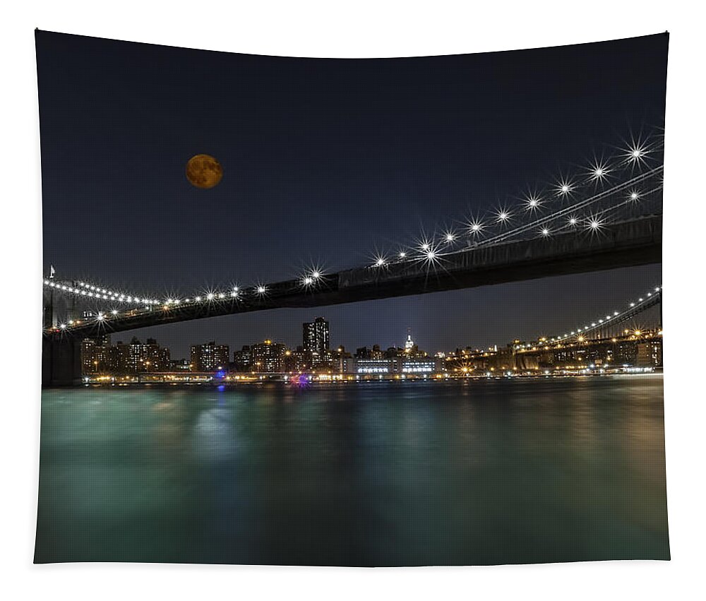 Brooklyn Bridge Tapestry featuring the photograph Moonrise over Manhattan II by Susan Candelario