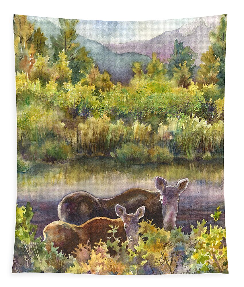 Moose And Calf Painting Tapestry featuring the painting Moose Magic by Anne Gifford