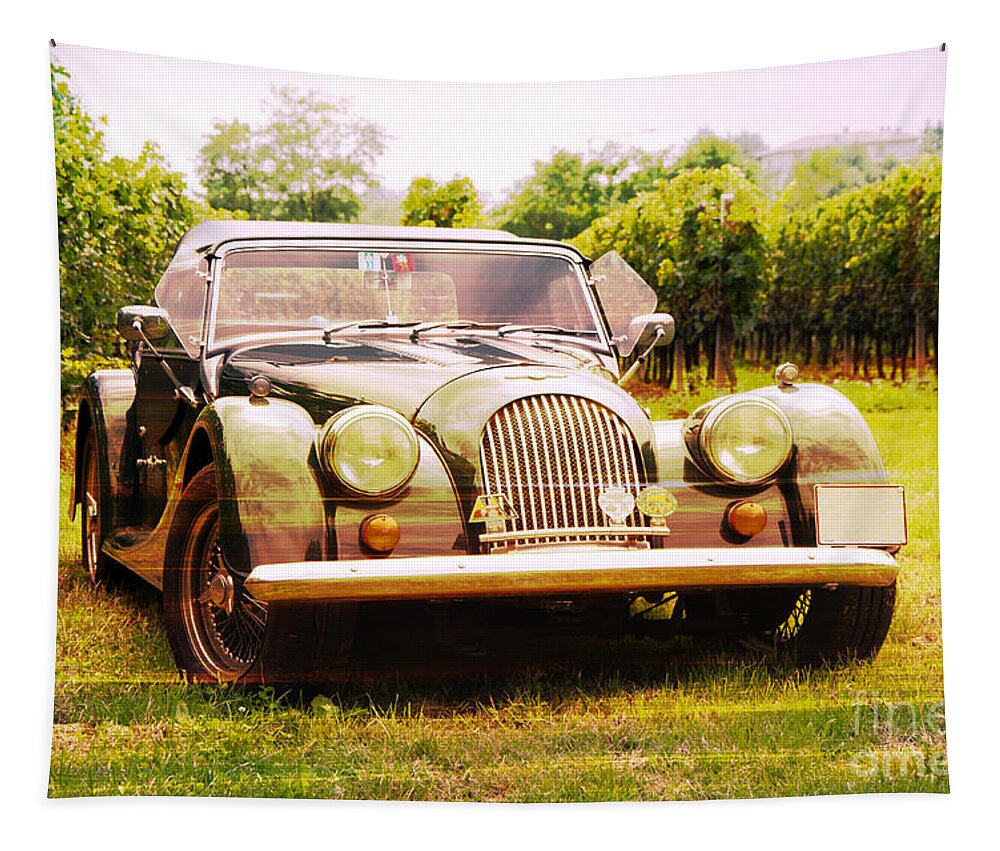 Morgan Tapestry featuring the photograph Morgan plus 4 in front of vineyard by Perry Van Munster