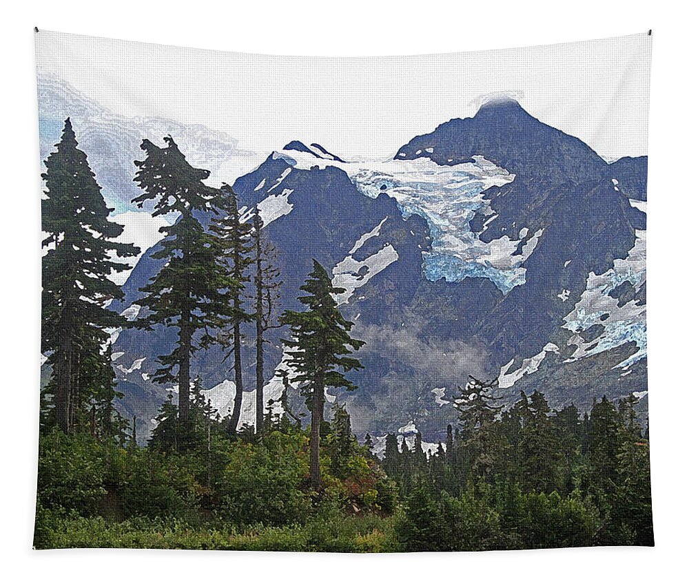 Mount Baker Tapestry featuring the photograph Mount Baker And Fir Trees And Glaciers And Fog by Tom Janca