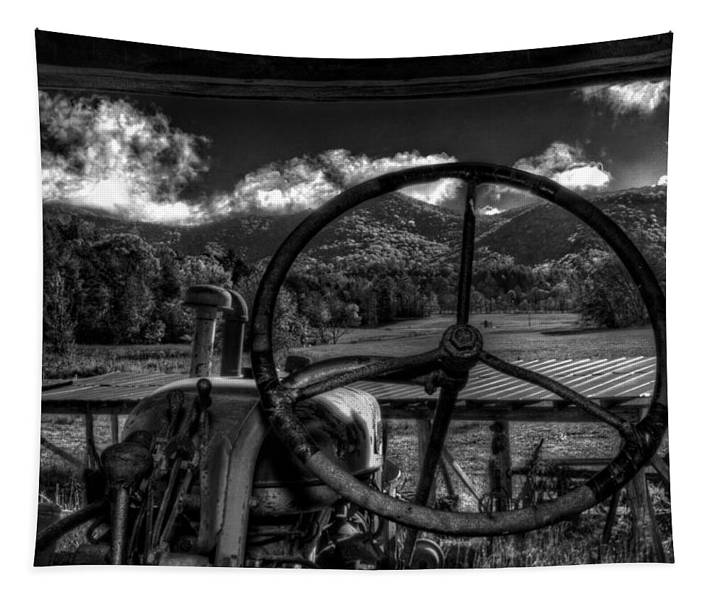 Western North Carolina Mountains Tapestry featuring the photograph Mountain Farm View in Black and White by Greg and Chrystal Mimbs