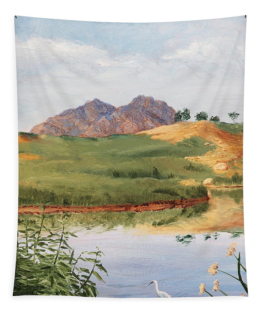 Animals Tapestry featuring the painting Mountain Landscape with Egret by Masha Batkova