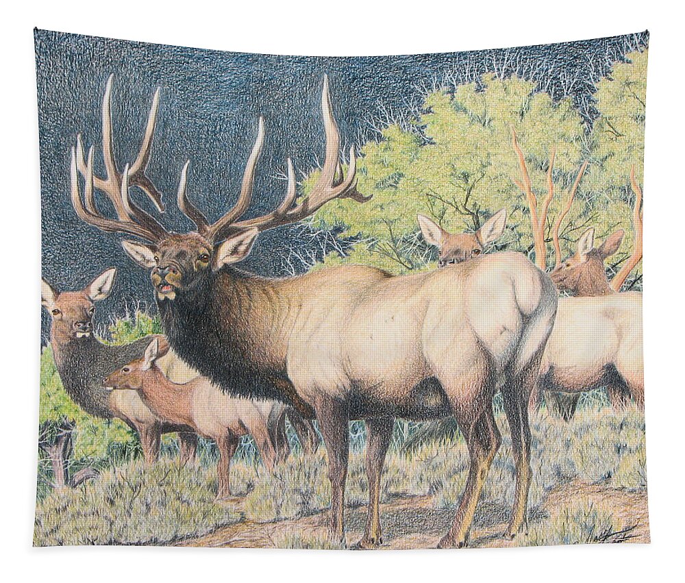 Bull Tapestry featuring the painting Mountain Monarch by Darcy Tate