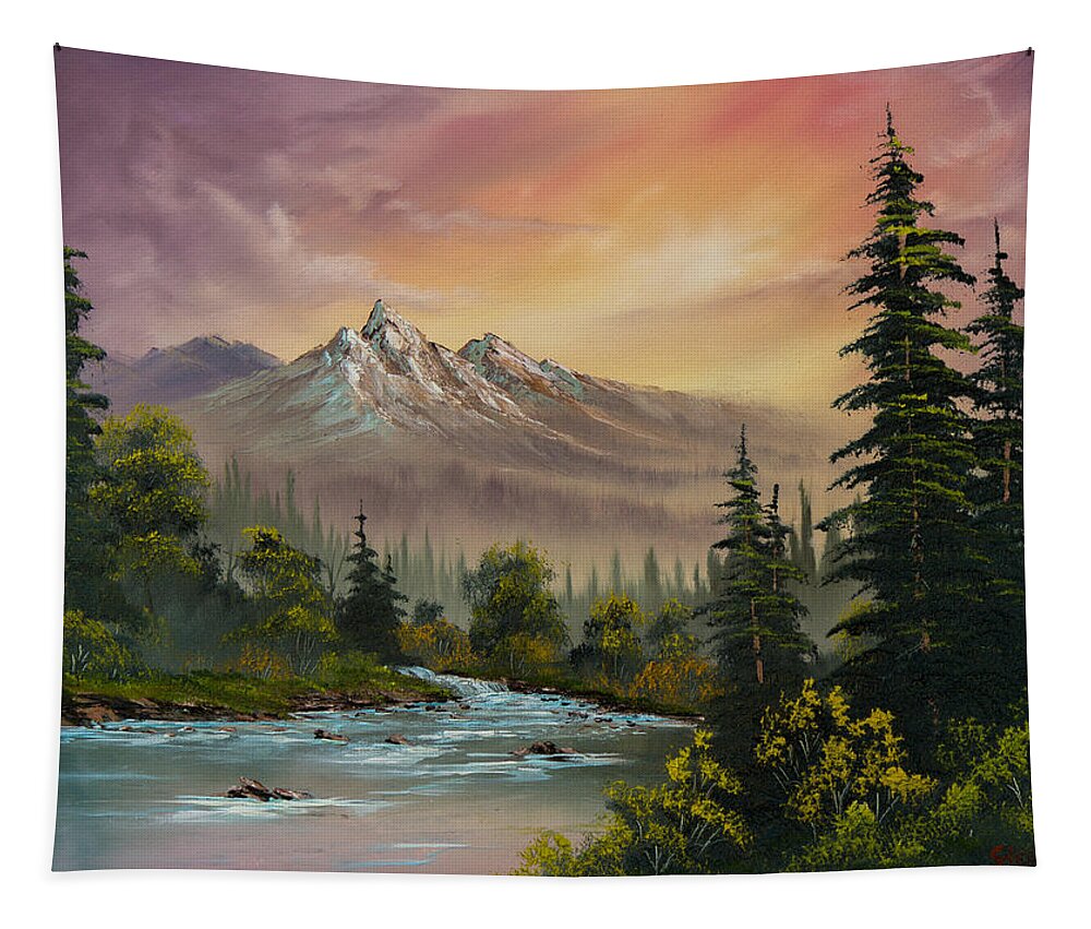 Landscape Tapestry featuring the painting Mountain Sunset by Chris Steele