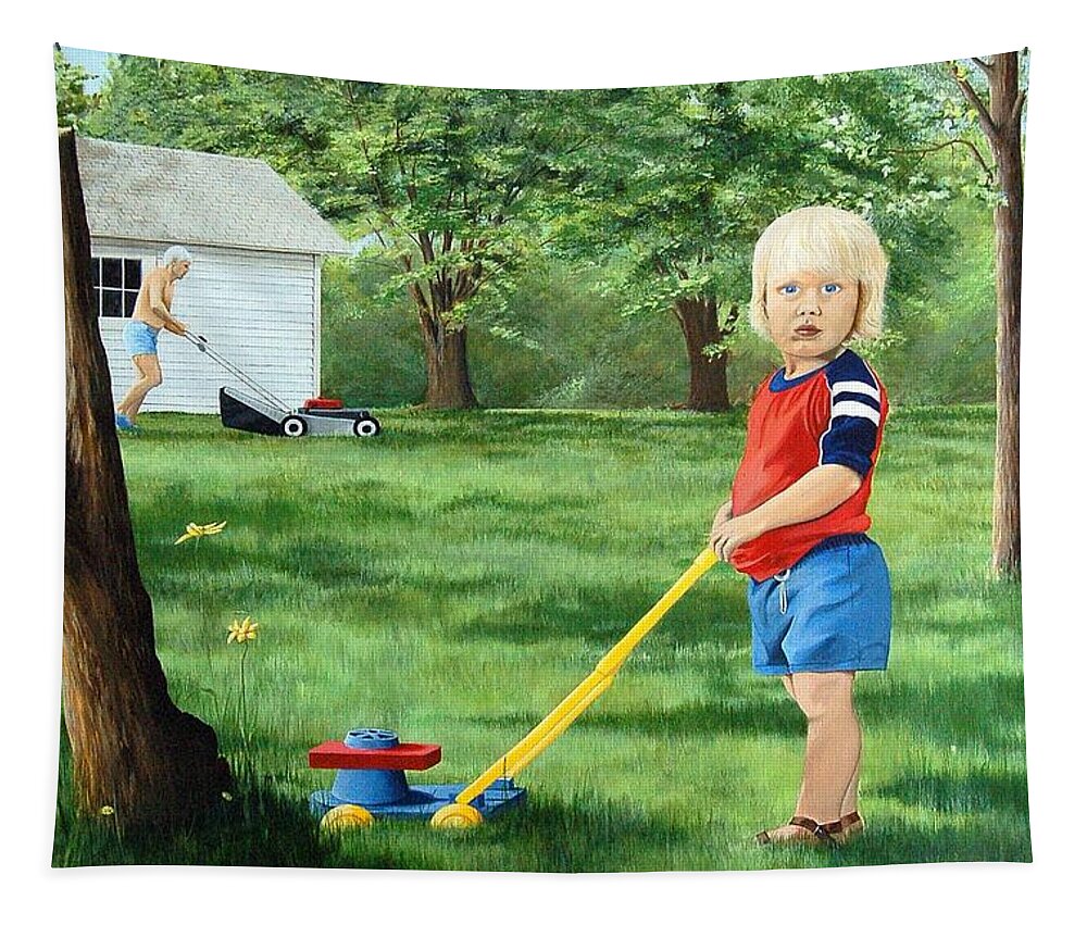 Figures Tapestry featuring the painting Mowing by AnnaJo Vahle